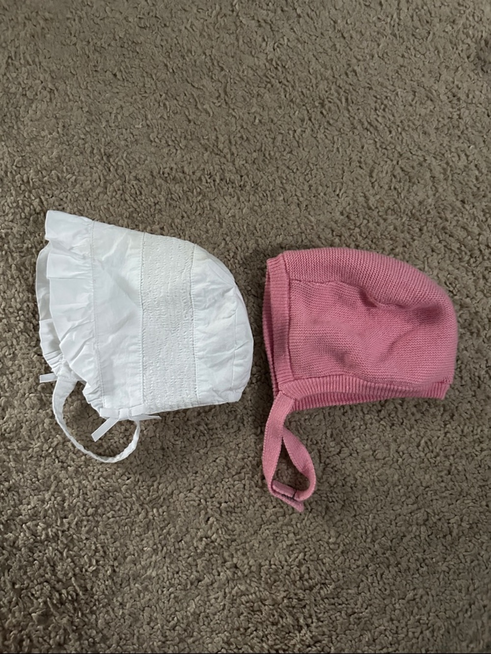 Janie and Jack Baby Girls' Knit Pink Bonnet and White Cotton Ruffle Bonnet Set